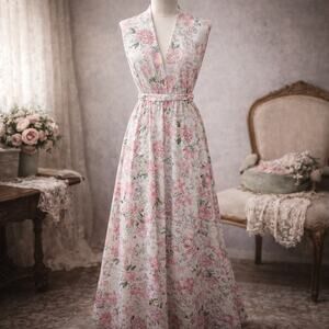 1970s Floral Maxi Dress L Tall, Pink Poppy Hydrangea, Handmade Empire Waist